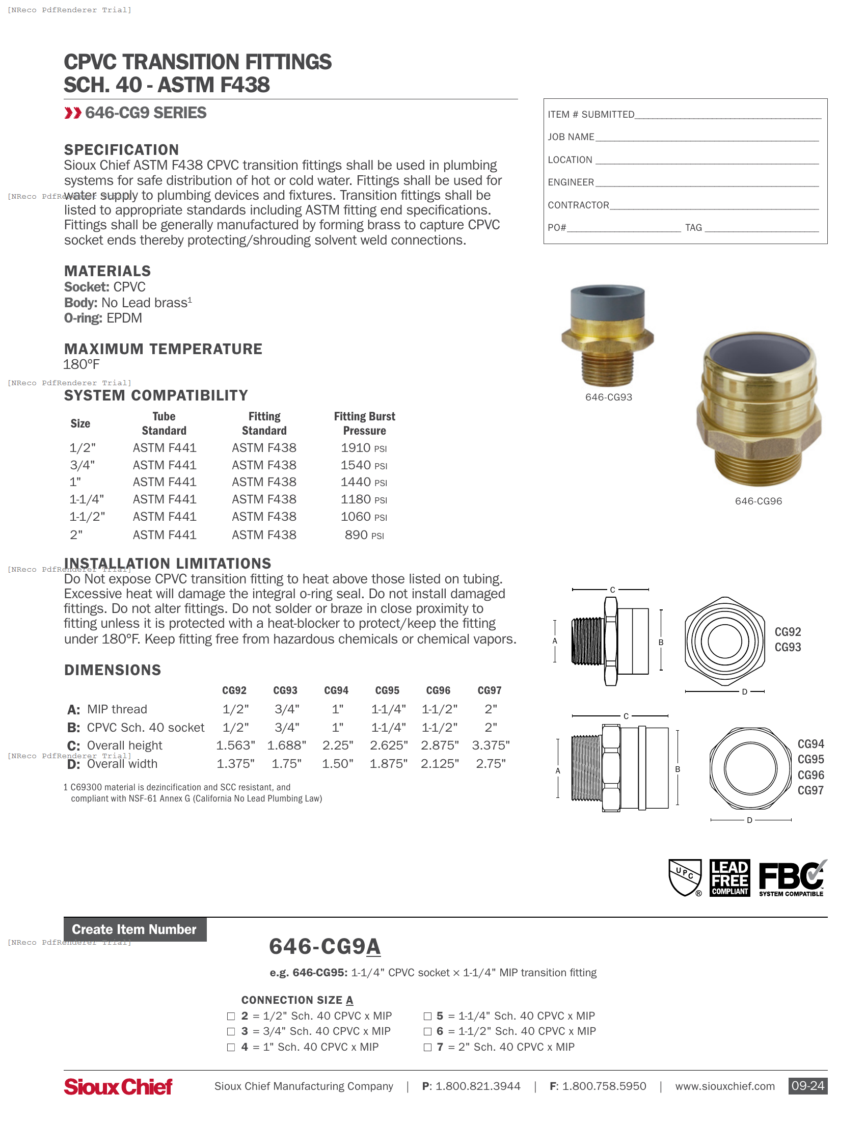 646-CG9 SERIES - CPVC F438 TRANSITION FITTING - SPEC SHEET.PDF Specification Document